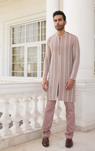 Charu & Vasundhara Men-Sevyn Salmon Pink Kurta And Churidar-INDIASPOPUP.COM