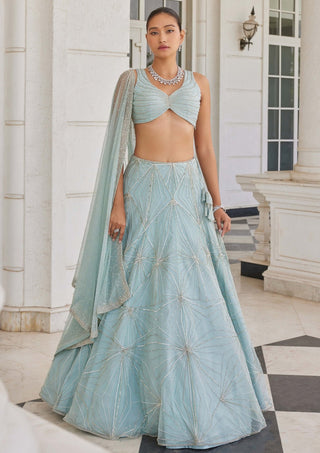 Charu & Vasundhara-Stasia Aqua Blue Embroidered Lehenga Set-INDIASPOPUP.COM