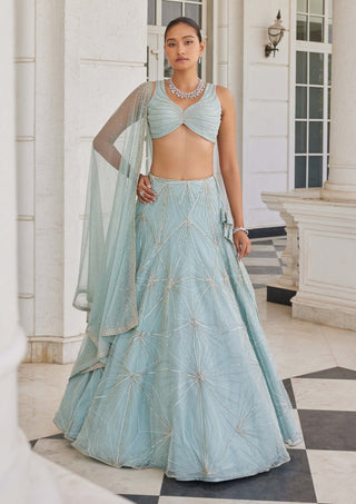 Charu & Vasundhara-Stasia Aqua Blue Embroidered Lehenga Set-INDIASPOPUP.COM