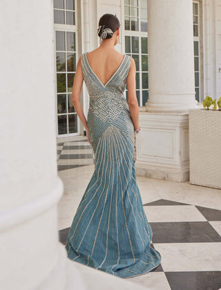 Charu & Vasundhara-Sirius Deep Aqua Fishcut Gown-INDIASPOPUP.COM