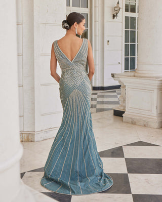 Charu & Vasundhara-Sirius Deep Aqua Fishcut Gown-INDIASPOPUP.COM