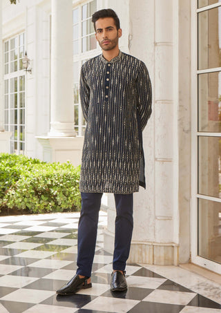 Charu & Vasundhara Men-Sandey Navy Blue Kurta And Pants-INDIASPOPUP.COM