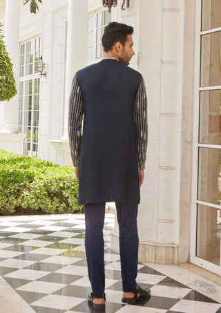 Charu & Vasundhara Men-Sandey Navy Blue Kurta And Pants-INDIASPOPUP.COM