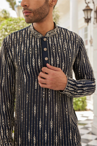 Charu & Vasundhara Men-Sandey Navy Blue Kurta And Pants-INDIASPOPUP.COM