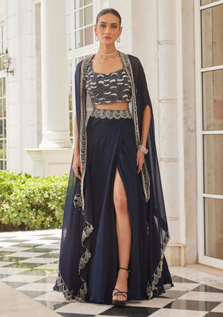 Charu & Vasundhara-Suha Navy Blue Cape And Skirt Set-INDIASPOPUP.COM