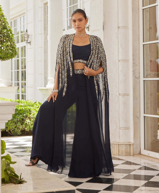 Charu & Vasundhara-Sumlina Navy Blue Cape And Palazzo Set-INDIASPOPUP.COM