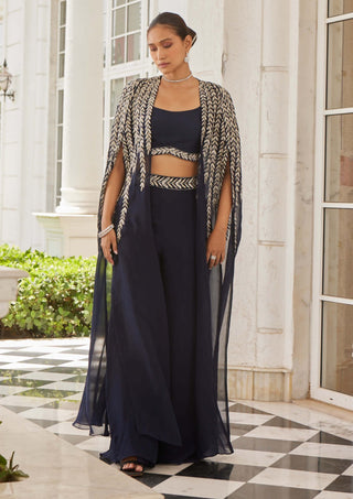 Charu & Vasundhara-Sumlina Navy Blue Cape And Palazzo Set-INDIASPOPUP.COM