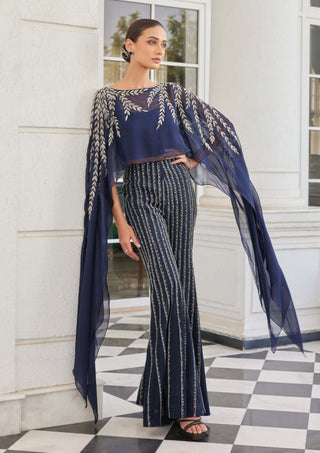 Charu & Vasundhara-Sabuhi Navy Blue Poncho And Flared Pants-INDIASPOPUP.COM