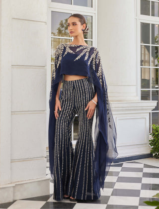 Charu & Vasundhara-Sabuhi Navy Blue Poncho And Flared Pants-INDIASPOPUP.COM