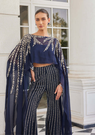 Charu & Vasundhara-Sabuhi Navy Blue Poncho And Flared Pants-INDIASPOPUP.COM