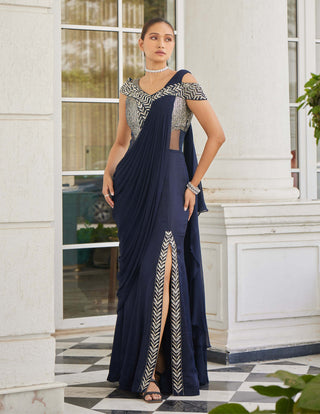 Charu & Vasundhara-Sowri Navy Blue Draped Sari Gown-INDIASPOPUP.COM