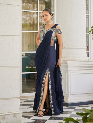 Charu & Vasundhara-Sowri Navy Blue Draped Sari Gown-INDIASPOPUP.COM