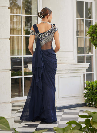 Charu & Vasundhara-Sowri Navy Blue Draped Sari Gown-INDIASPOPUP.COM