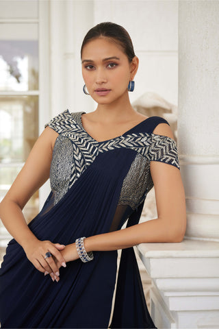 Charu & Vasundhara-Sowri Navy Blue Draped Sari Gown-INDIASPOPUP.COM