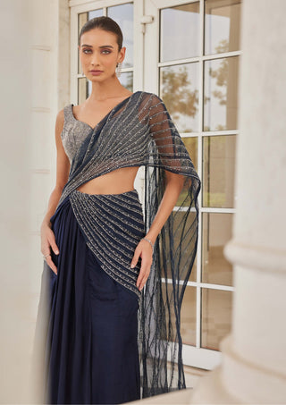 Charu & Vasundhara-Soheila Navy Blue Draped Sari And Blouse-INDIASPOPUP.COM