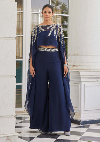 Charu & Vasundhara-Safwana Navy Blue Poncho And Flared Pants-INDIASPOPUP.COM