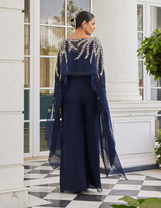 Charu & Vasundhara-Safwana Navy Blue Poncho And Flared Pants-INDIASPOPUP.COM