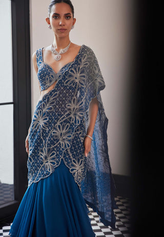 Freya Moody Blue Lehenga Sari And Blouse by Charu & Vasundhara available on Indiaspopup