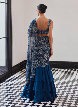 Freya Moody Blue Lehenga Sari And Blouse by Charu & Vasundhara available on Indiaspopup