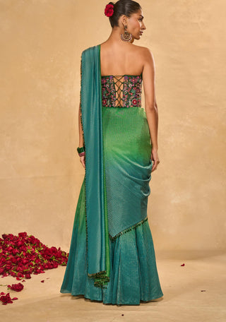 Asma green blue sari with blouse