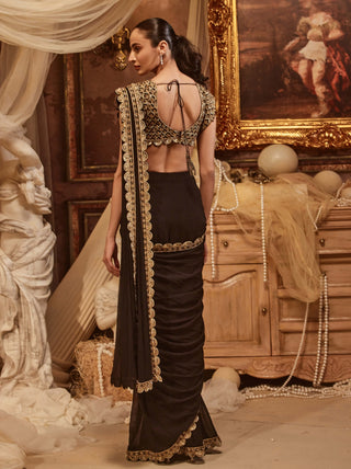 Caelia Black Drape Sari And Blouse by Roqa, available on Indiaspopup.com