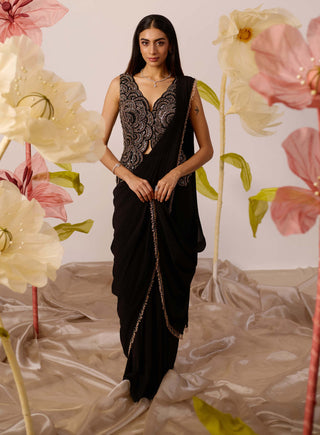 Camellia black draped sari and blouse