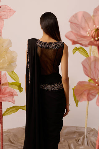 Roqa-Camellia Black Draped Sari And Blouse-INDIASPOPUP.COM