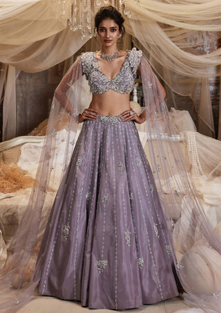 Canis Lilac Deatchable Cape And Lehenga Set by Roqa, available on Indiaspopup.com