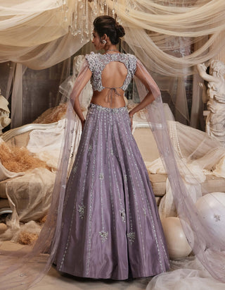 Canis Lilac Deatchable Cape And Lehenga Set by Roqa, available on Indiaspopup.com