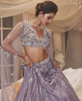 Canis Lilac Deatchable Cape And Lehenga Set by Roqa, available on Indiaspopup.com