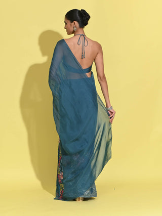 Whirl Cyan Blue Blouse And Sari by Rishi & Vibhuti available on Indiaspopup.com