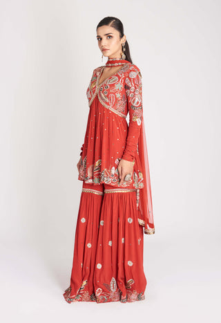 Aisha Rao-Rust Red Embellished Gharara Set-INDIASPOPUP.COM
