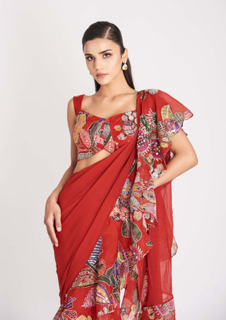Aisha Rao-Fiery Red Printed Ruffle Sari And Blouse-INDIASPOPUP.COM