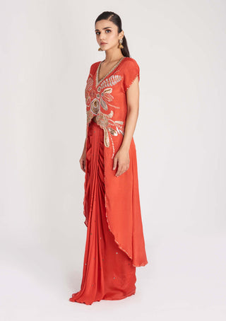 Aisha Rao-Red Embellished Tunic And Skirt-INDIASPOPUP.COM