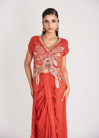 Aisha Rao-Red Embellished Tunic And Skirt-INDIASPOPUP.COM