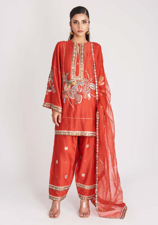 Aisha Rao-Red Embellished Chanderi Patiala Set-INDIASPOPUP.COM