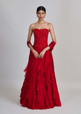 Suki red ruffle skirt and corset set