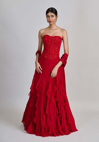 Suki red ruffle skirt and corset set