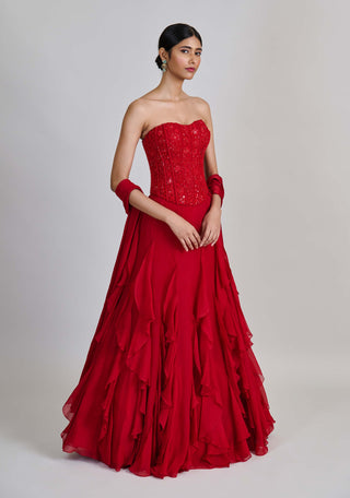 Suki red ruffle skirt and corset set