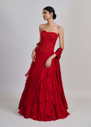 Suki red ruffle skirt and corset set