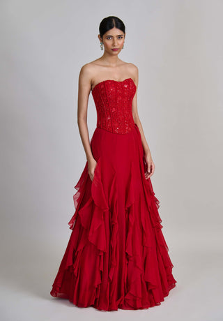 Suki red ruffle skirt and corset set