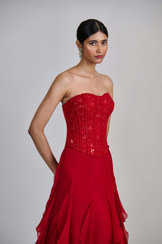 Suki red ruffle skirt and corset set