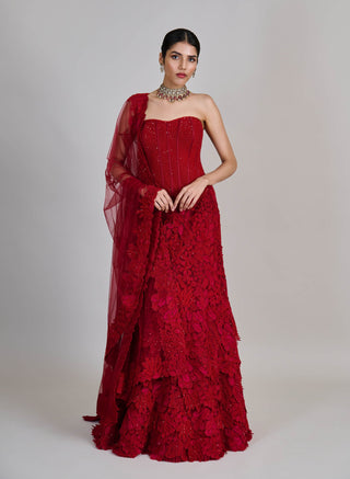 Joise red fishcut layered skirt and corset set