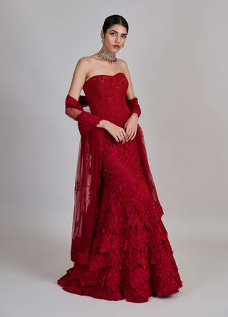 Joise red fishcut layered skirt and corset set