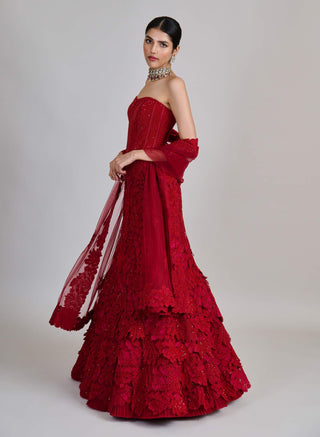 Joise red fishcut layered skirt and corset set