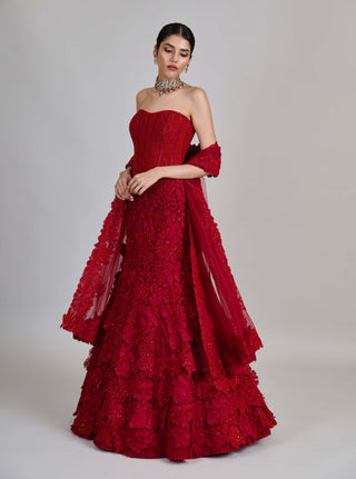 Joise red fishcut layered skirt and corset set