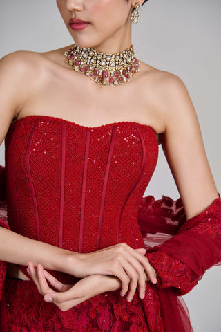 Joise red fishcut layered skirt and corset set