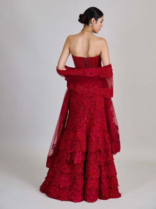 Joise red fishcut layered skirt and corset set