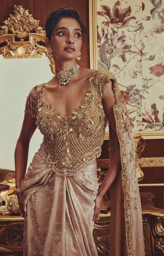 Celestine metallic gold drape sari and corset