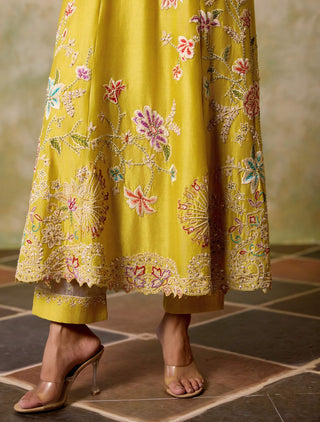 Yellow contrast flared long kurta and pants